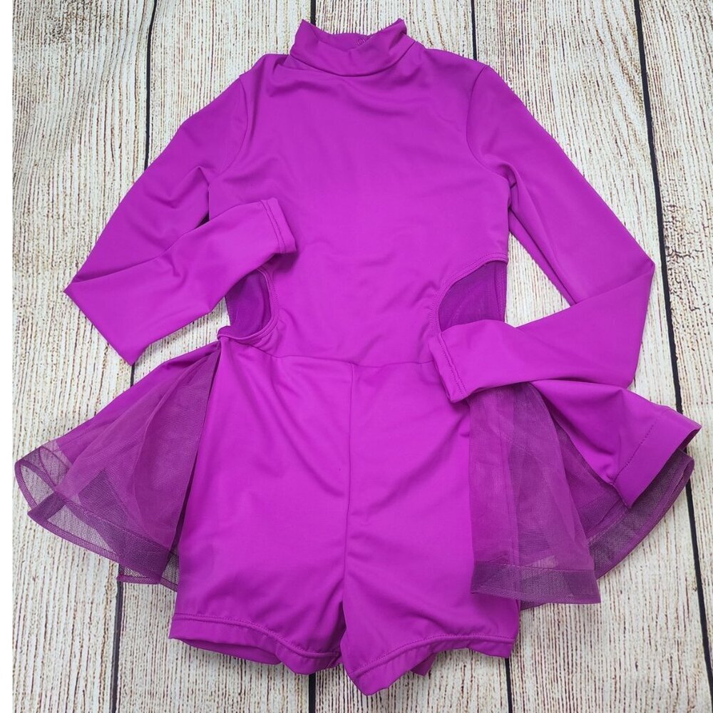 Balera Leotard LC Large/Child Pink Purple Shorts w/ Bustle High Neck Long Sleeve - Picture 2 of 11